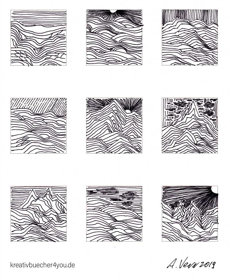 Landschaften Einfach Zeichnen Skizzieren Mit Linien In Schwarz Weiss