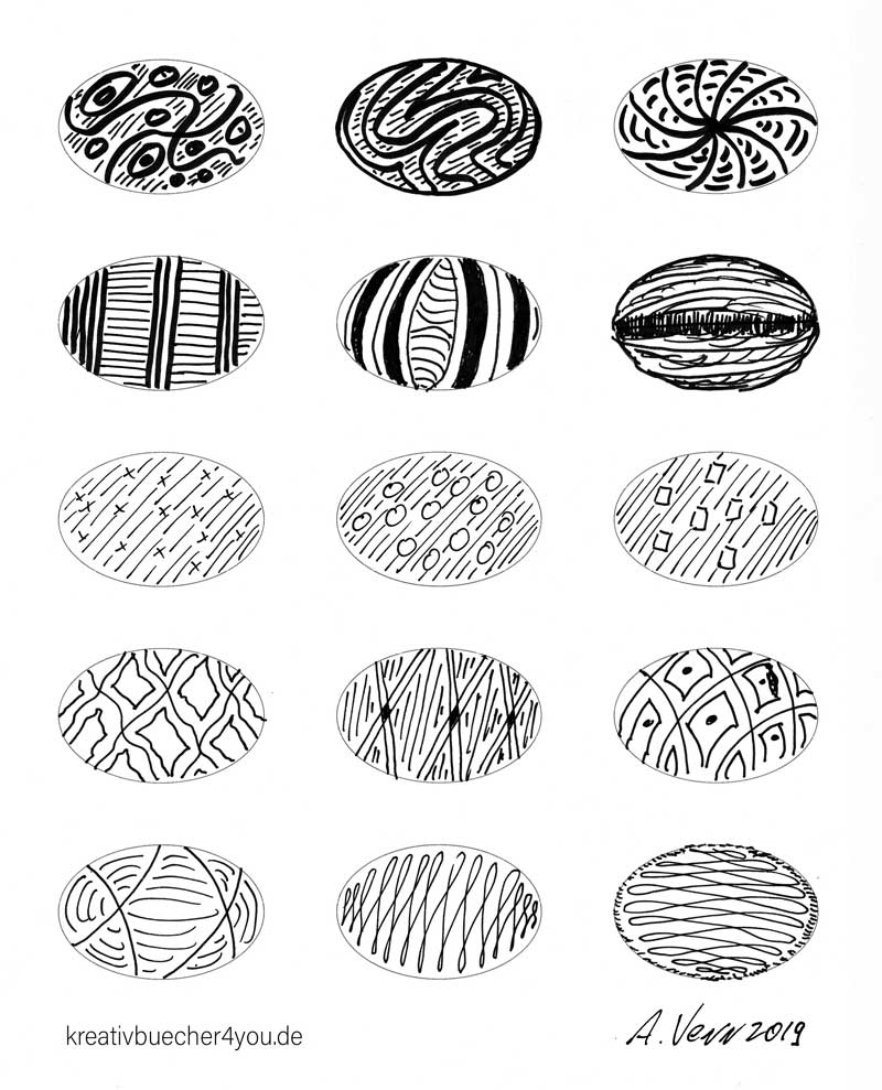 Ellipsen Muster zeichnen - 15 einfache Beispiel zum Nachzeichnen.