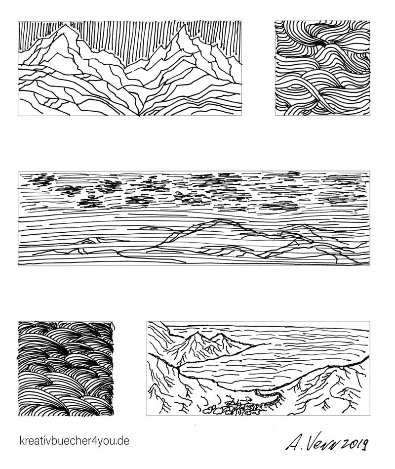 Landschaften Einfach Zeichnen Skizzieren Mit Linien In Schwarz Weiss