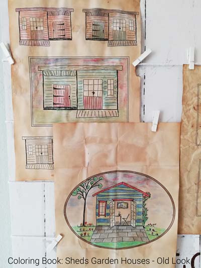 Sheds out of the coloring book made in an old look with coffee oder tea