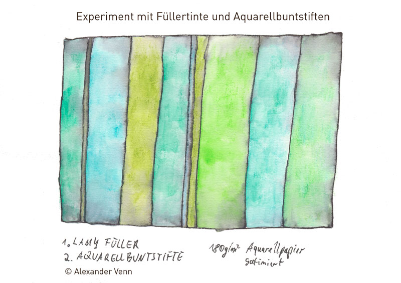 Malexperiment Füllerzeichnung mit Aquarellbuntstiften koloriert und wenig Wasser auf Aquarellpapier