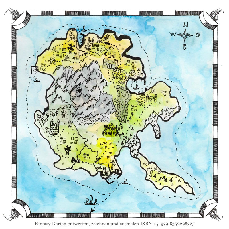 Fantasy Landkarte zeichnen mit Fineliner und mit Aquarell ausgemalt