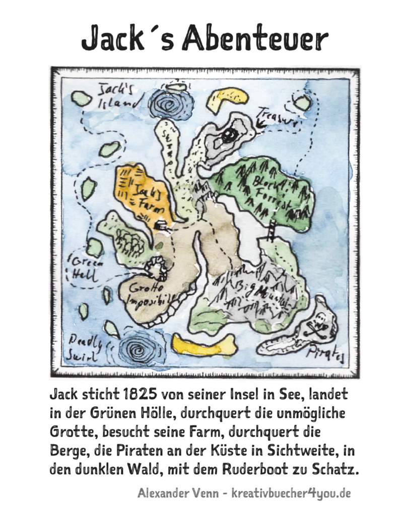 Fantaskarte skizzieren - abenteuerliche Reise mit Aquarellkasten von Schmincke koloriert