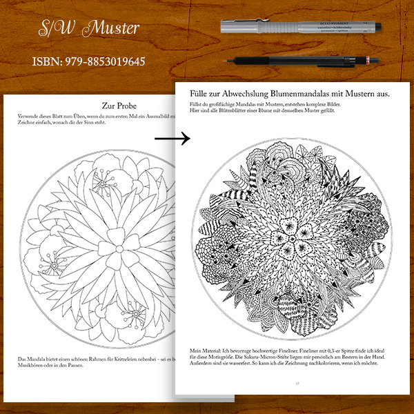 Blumen mit Muster in ausgefüllt mit Fineliner - Mandala Malbuch