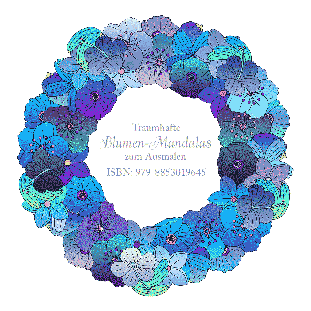 Blumenkranz Ausmalbild mit Türkis, Dunkelgrün bis Violett in Fantasyfarben auf weissem Hintergrund