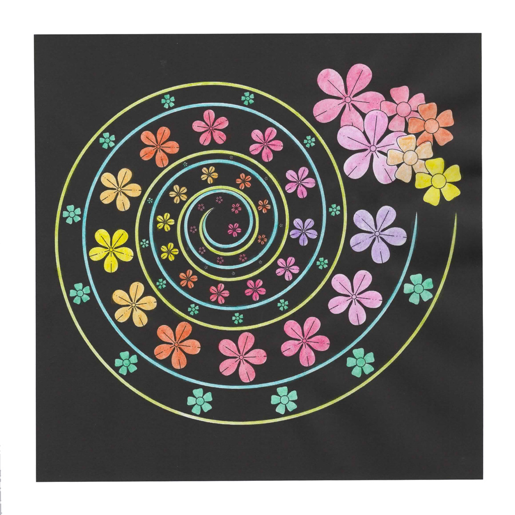 Ausmalbild auf schwazem Hintergrund. Blumen-Motiv in Spirale mit Aquarellbuntstiften ausgemalt