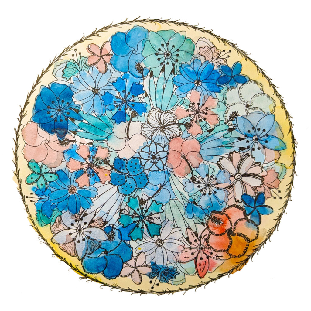 Blumen-Malbild mit Aquarellfarbe ausgemalt und mit Finelinern gemustert und hervorgehoben: Auszug aus Blumen-Mandala-Malbuch